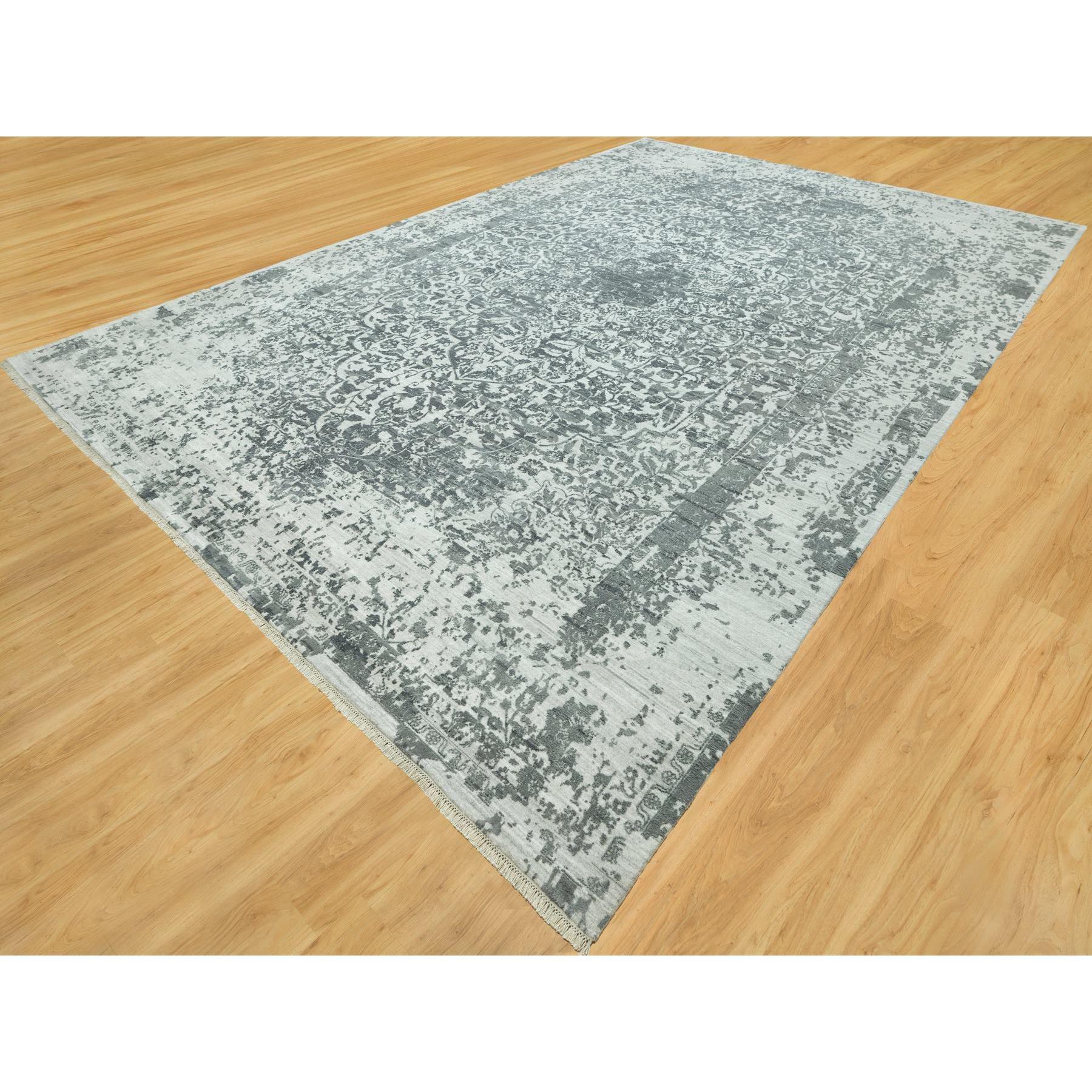 Medieval 12'x18' Rustic Gray, Hand Knotted Broken Persian Design, Wool And Silk Rug For Sale