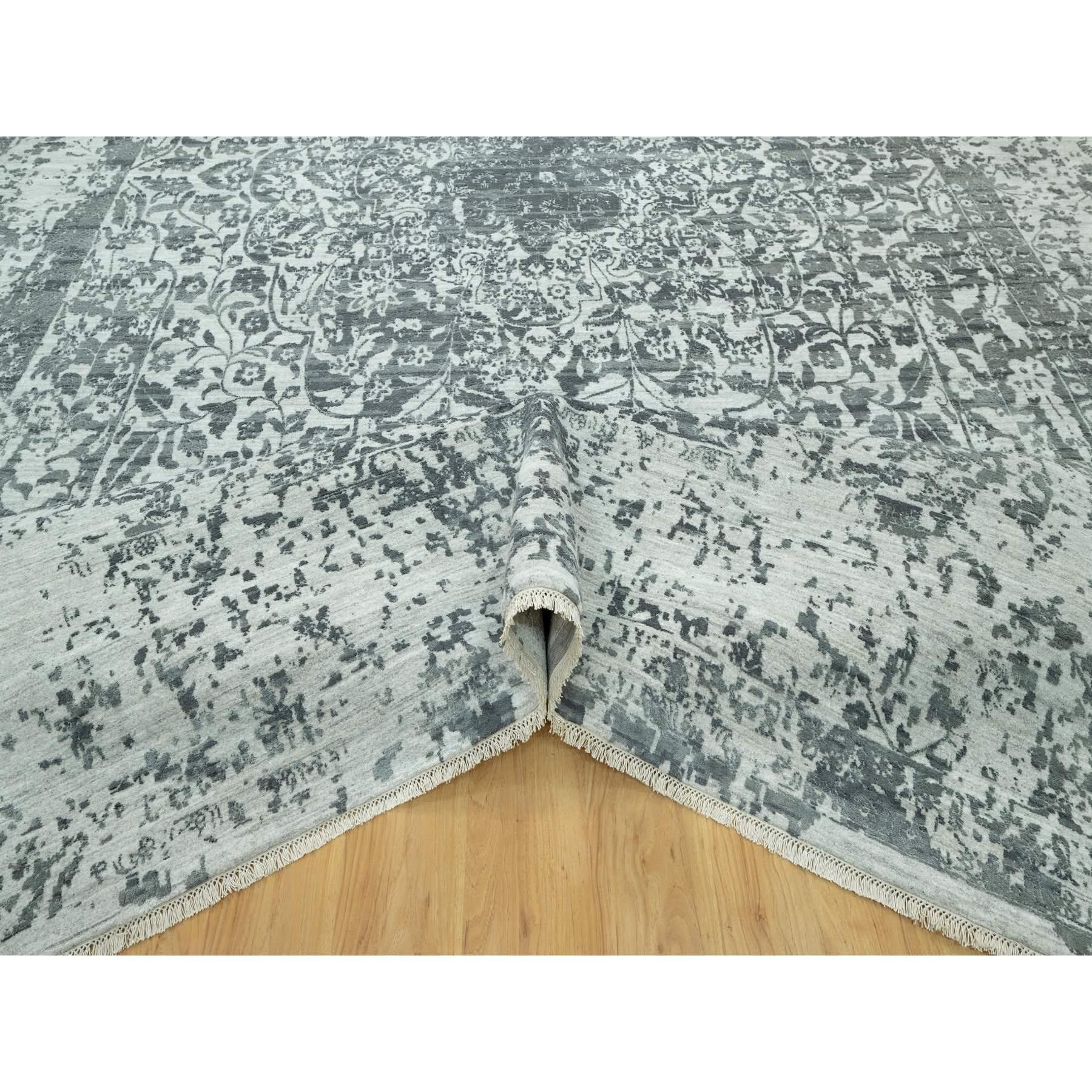 Hand-Knotted 12'x18' Rustic Gray, Hand Knotted Broken Persian Design, Wool And Silk Rug For Sale