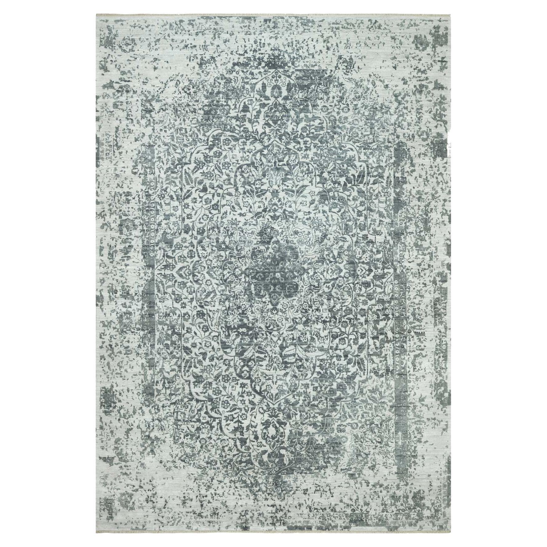 12'x18' Grigio rustico, Tappeto in lana e seta annodato a mano con disegno persiano spezzato