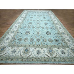 12'x18'1" Crystal Blue Agra Shah Abbas Flower Vines Design Hand Knotted Wool Rug
