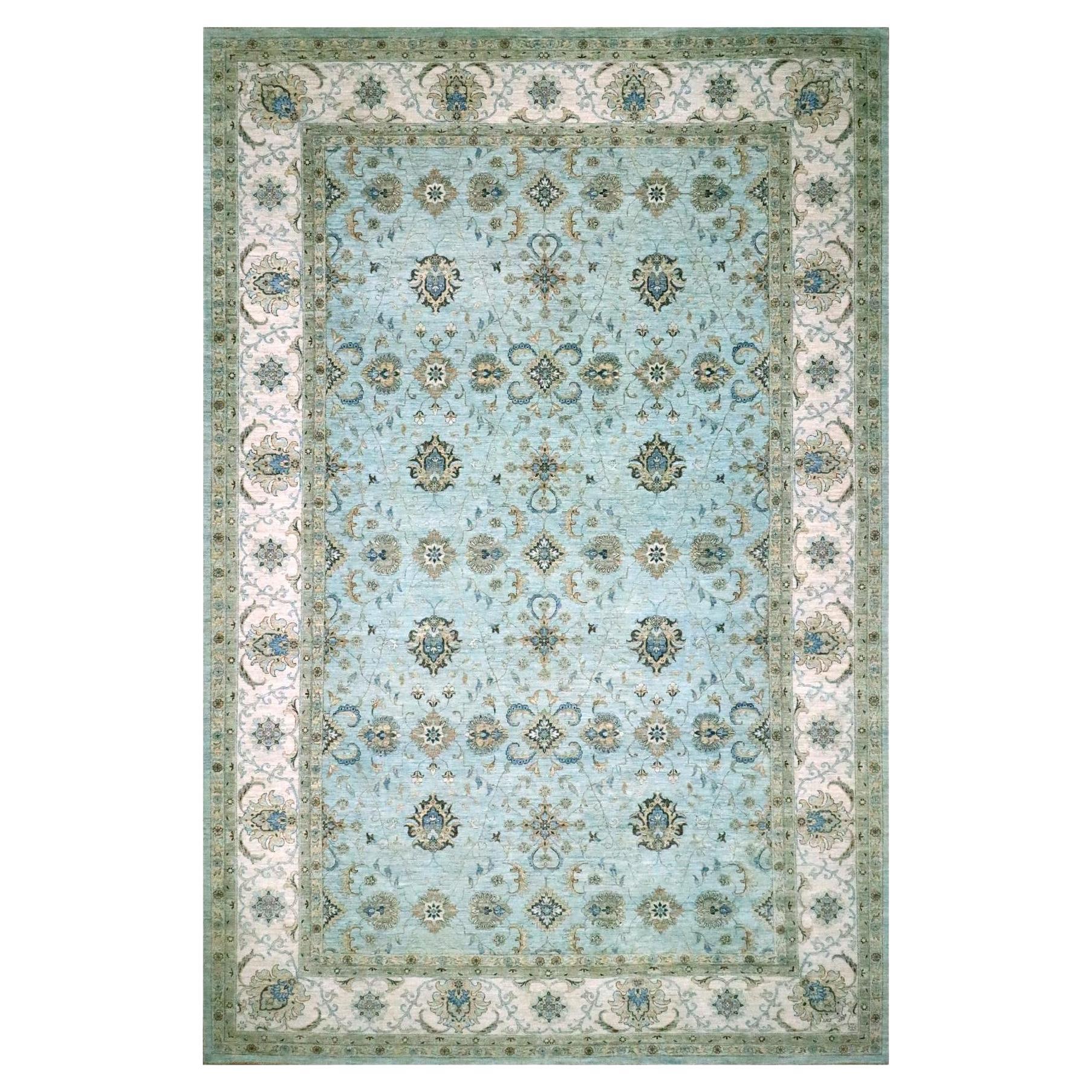12'x18'1" Crystal Blue Agra Shah Abbas Flower Vines Design Tappeto di Lana Annodato a Mano
