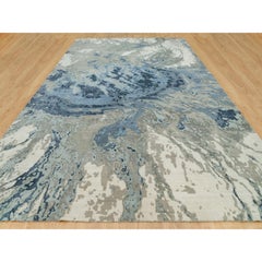 12'x18'1" Lapis Blue Abstract Galaxy Hand Knotted Wool and Silk Oversized Rug