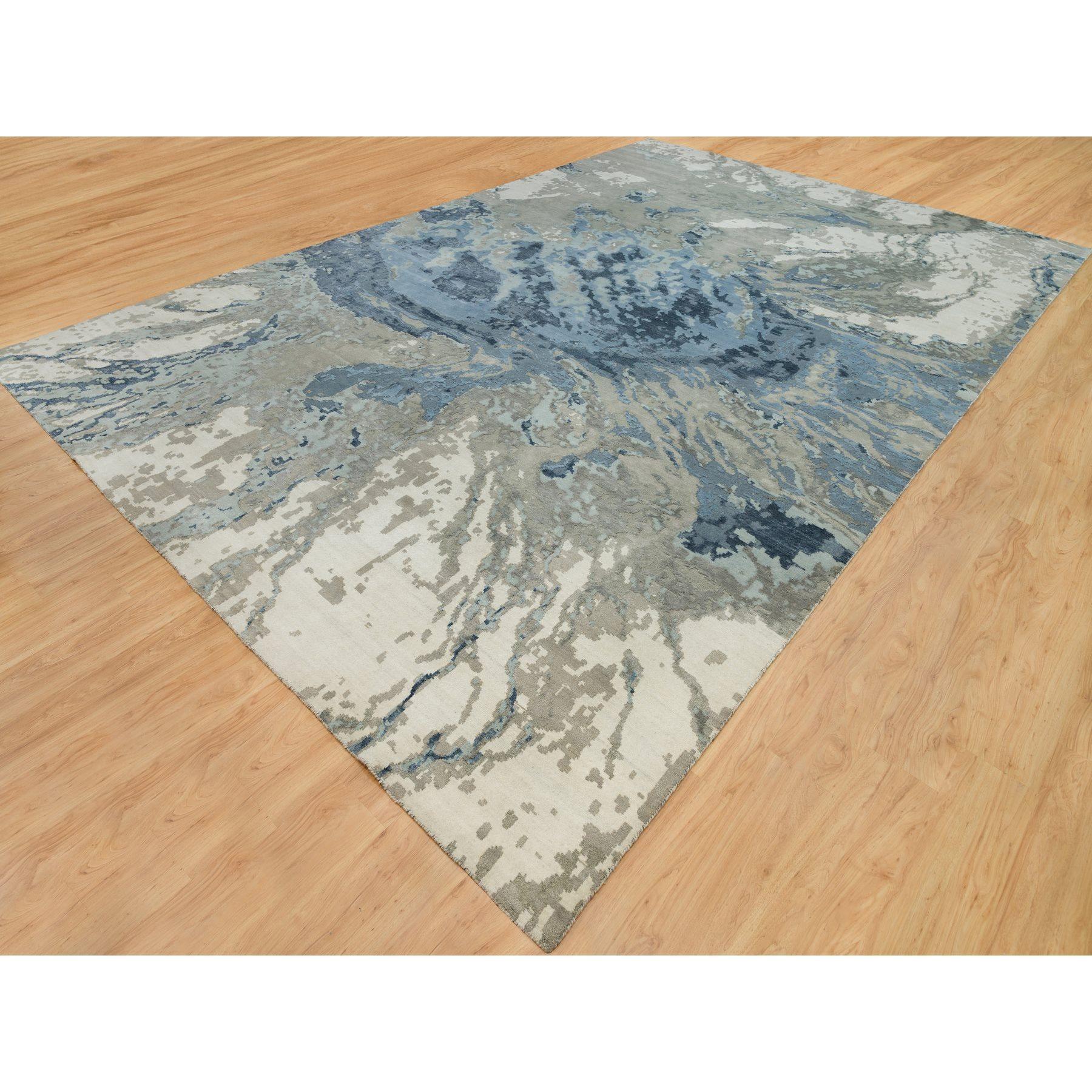 Moderno Tappeto oversize in lana e seta annodato a mano con motivo galattico astratto blu lapis 12'x18'1