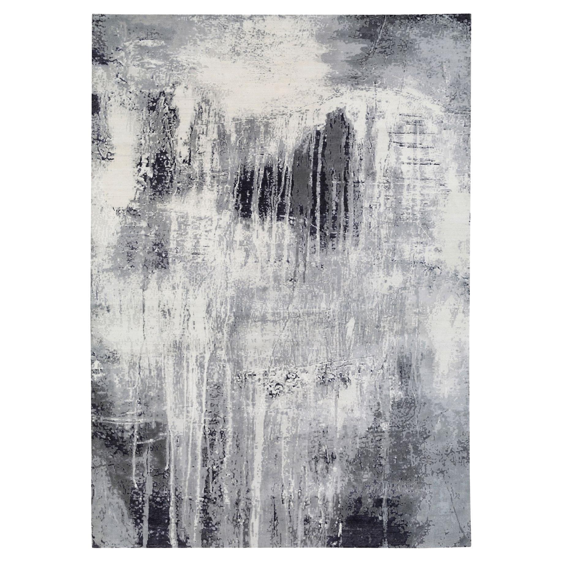 Alfombra anudada a mano de lana y seda con diseño abstracto negro y gris, tamaño extragrande 12'x18'1