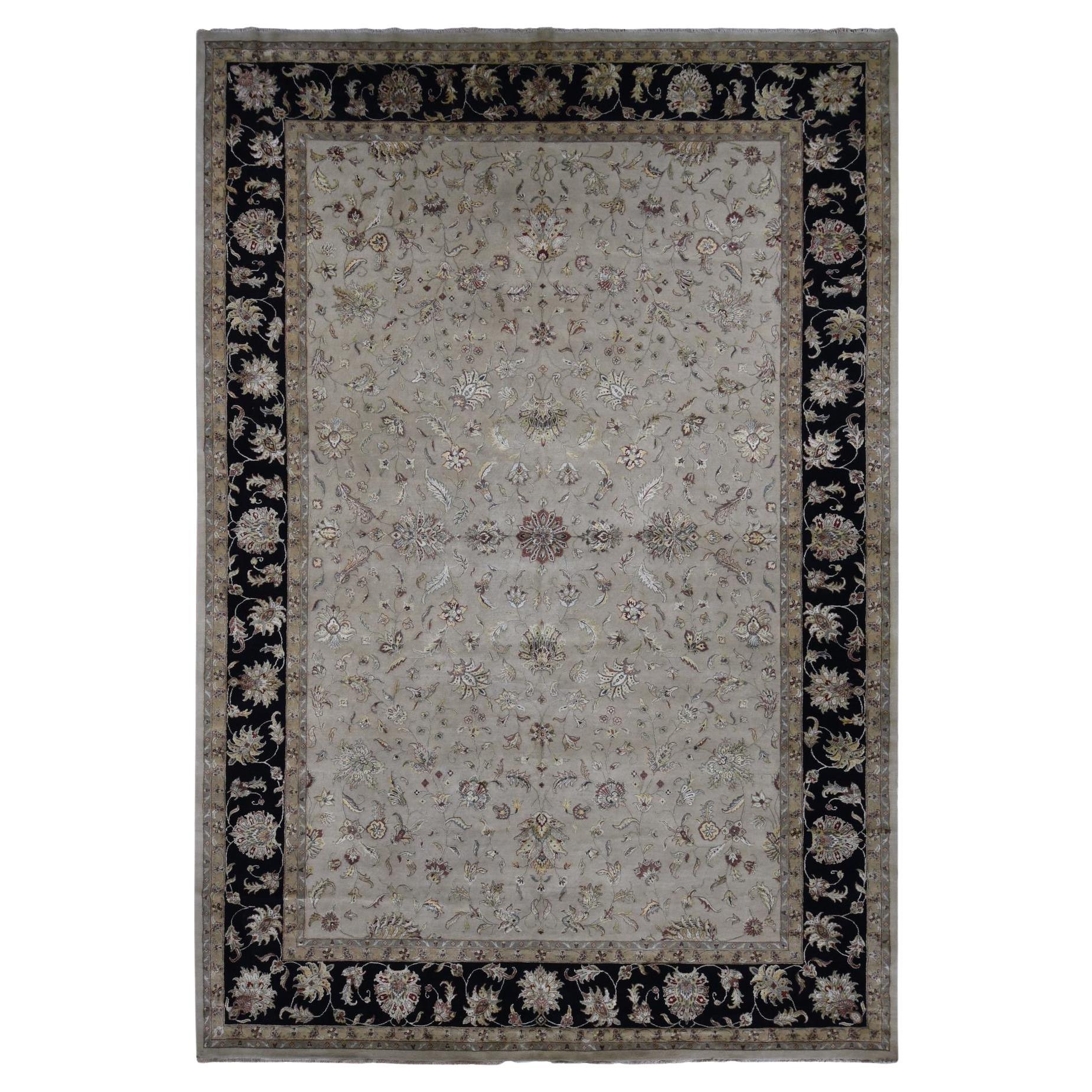 Tappeto Avorio 12'x18'2" annodato a mano metà lana e metà seta con design a foglie del Rajasthan