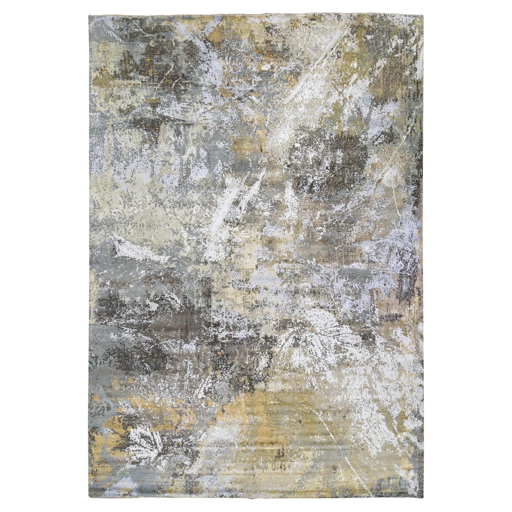 12'x18'2" Übergroßer grauer Teppich aus Wolle und Seide in Übergröße mit abstraktem Design in Goldgeflecht