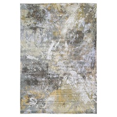 Tapis de laine et soie surdimensionné 12'x18'2" gris et or avec design abstrait au tissage plus dense