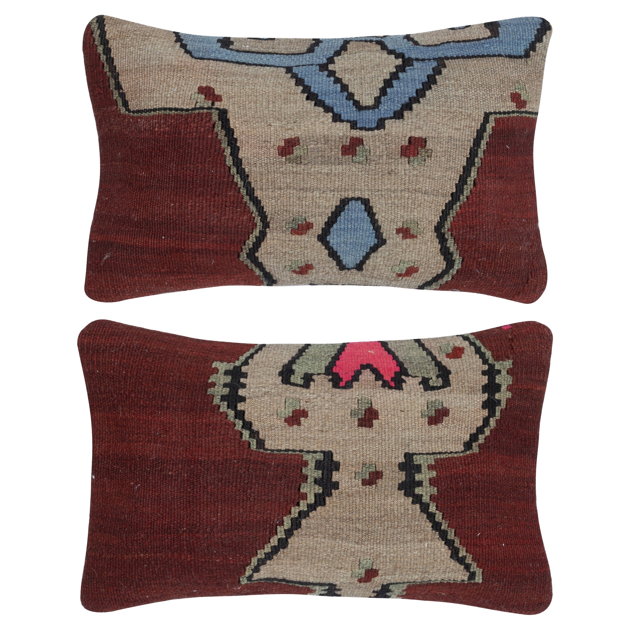 12 "x20" JUEGO DE 2 - Fundas de cojín Kilim de lana hechas a mano. Un par de almohadas lumbares