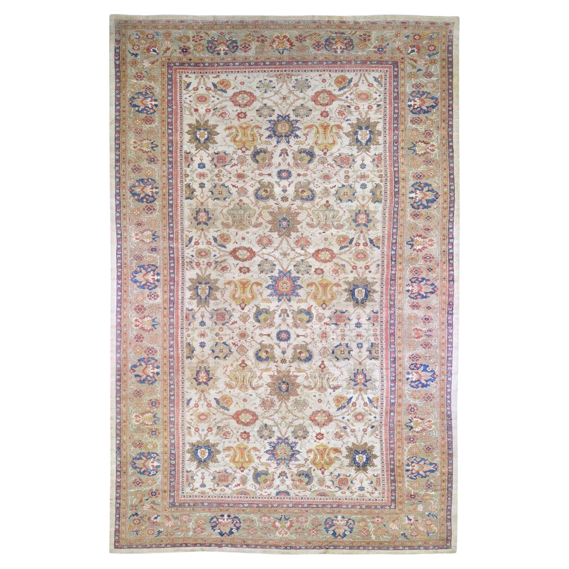 12'x21' Ivory Antique Zoroastrian Sultanabad Good Condition, XL Clean Wool Rug For Sale