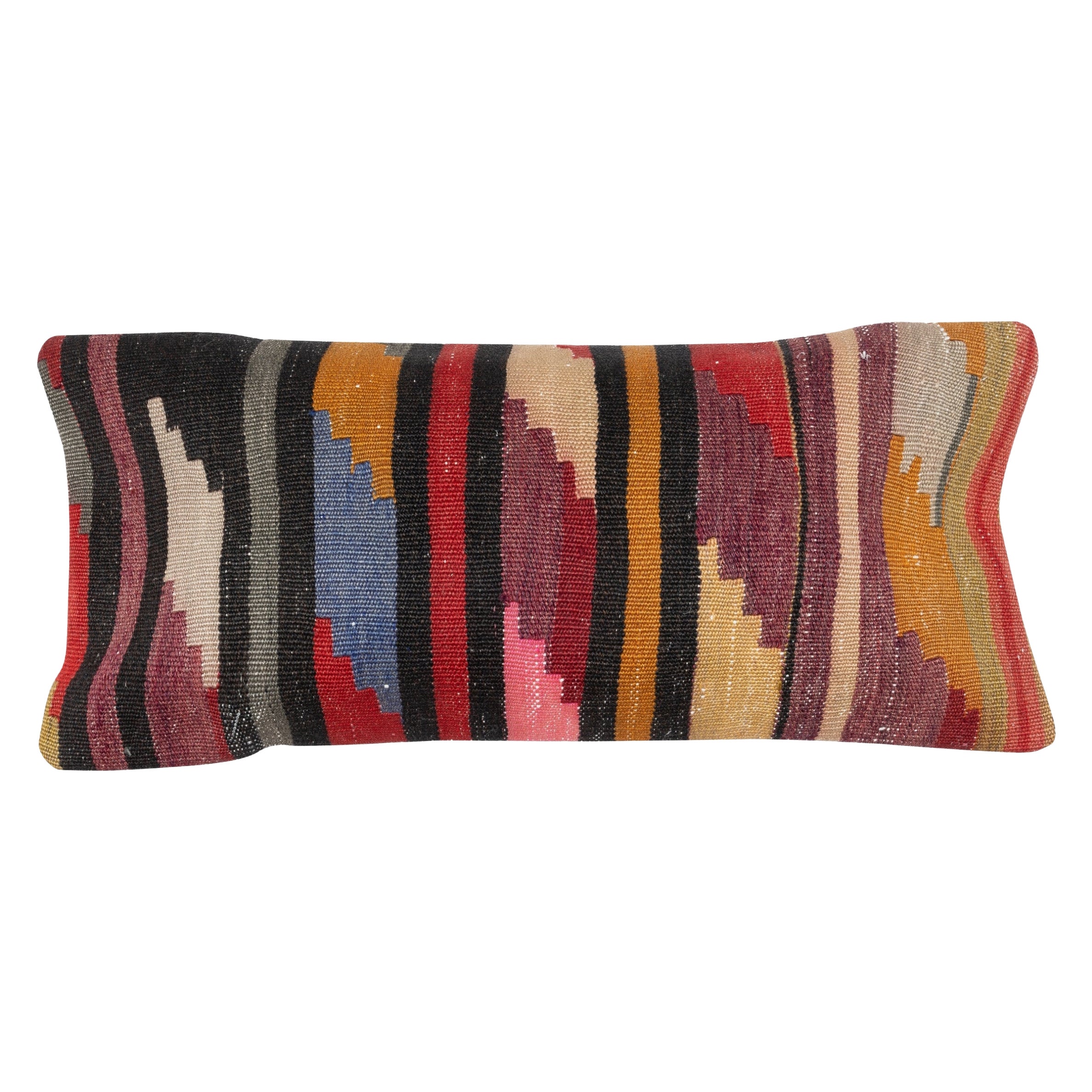Copricuscino Kilim Multicolore 12 "x28". Cuscino lombare Vintage. Cuscino in lana