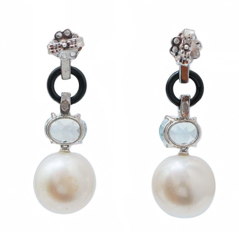 13/14 mm Perlen, Aquamarin-Topas, Onyx, Diamanten, Platin-Ohrringe. (Retro) im Angebot