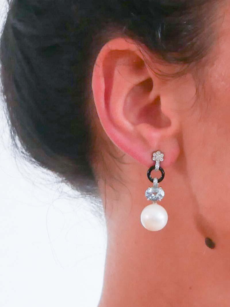 13/14 mm Perlen, Aquamarin-Topas, Onyx, Diamanten, Platin-Ohrringe. im Zustand „Gut“ im Angebot in Marcianise, Marcianise (CE)