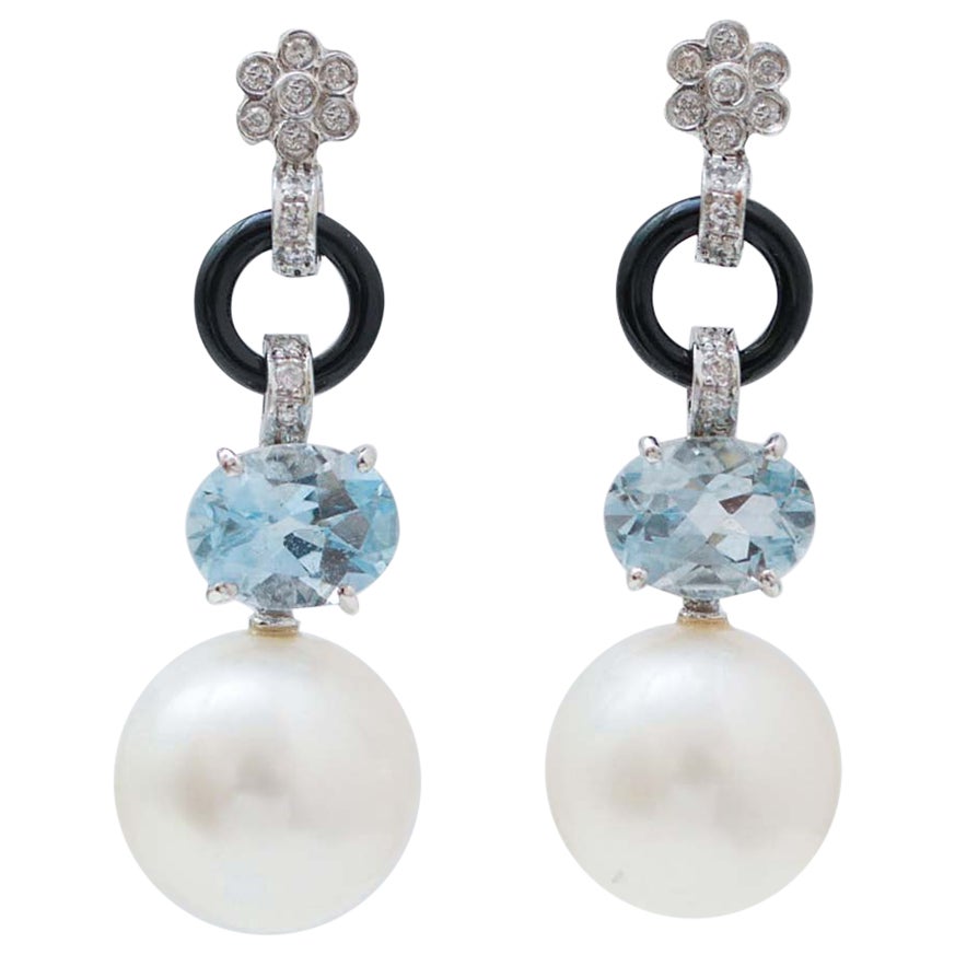 13/14 mm Perlen, Aquamarin-Topas, Onyx, Diamanten, Platin-Ohrringe. im Angebot