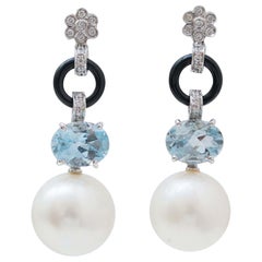 13/14 Mm Pearls, Aquamarine Colour Topaz, Onyx, Diamonds, Platinum Earrings.