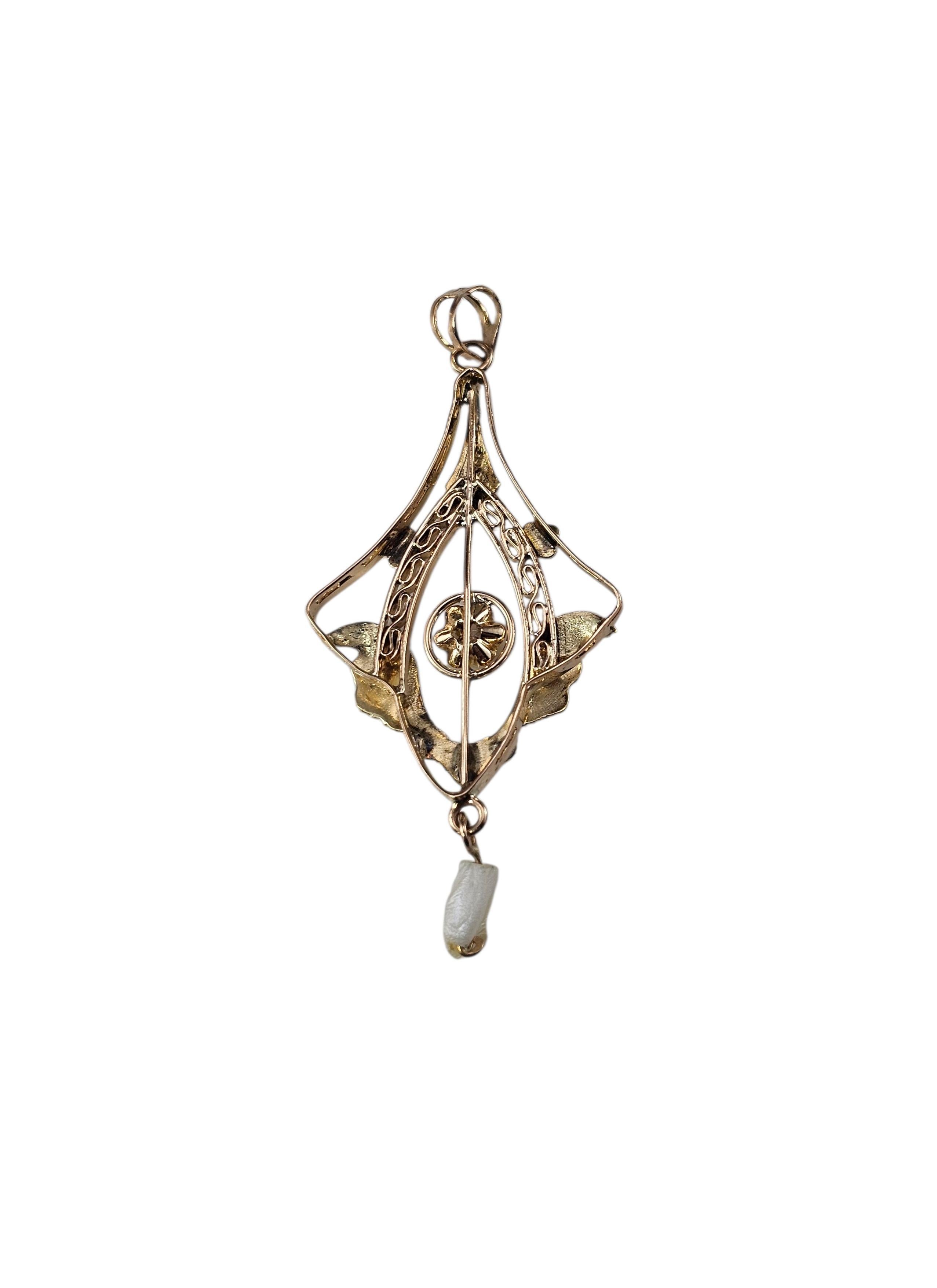 13 - 14K Yellow Gold Art Nouveau Style Pearl and Diamond Pendant #24380 ...