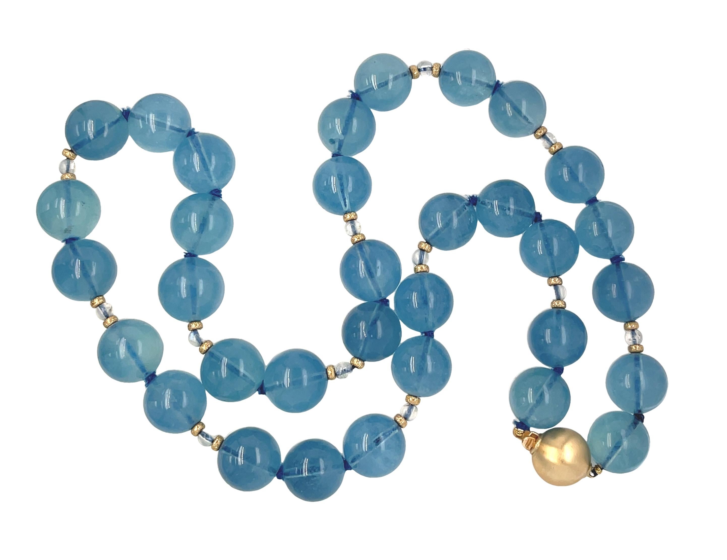 Artisan 13-14mm Aquamarine and Moonstone Beaded Necklace with 14k Yellow Gold Accents  For Sale