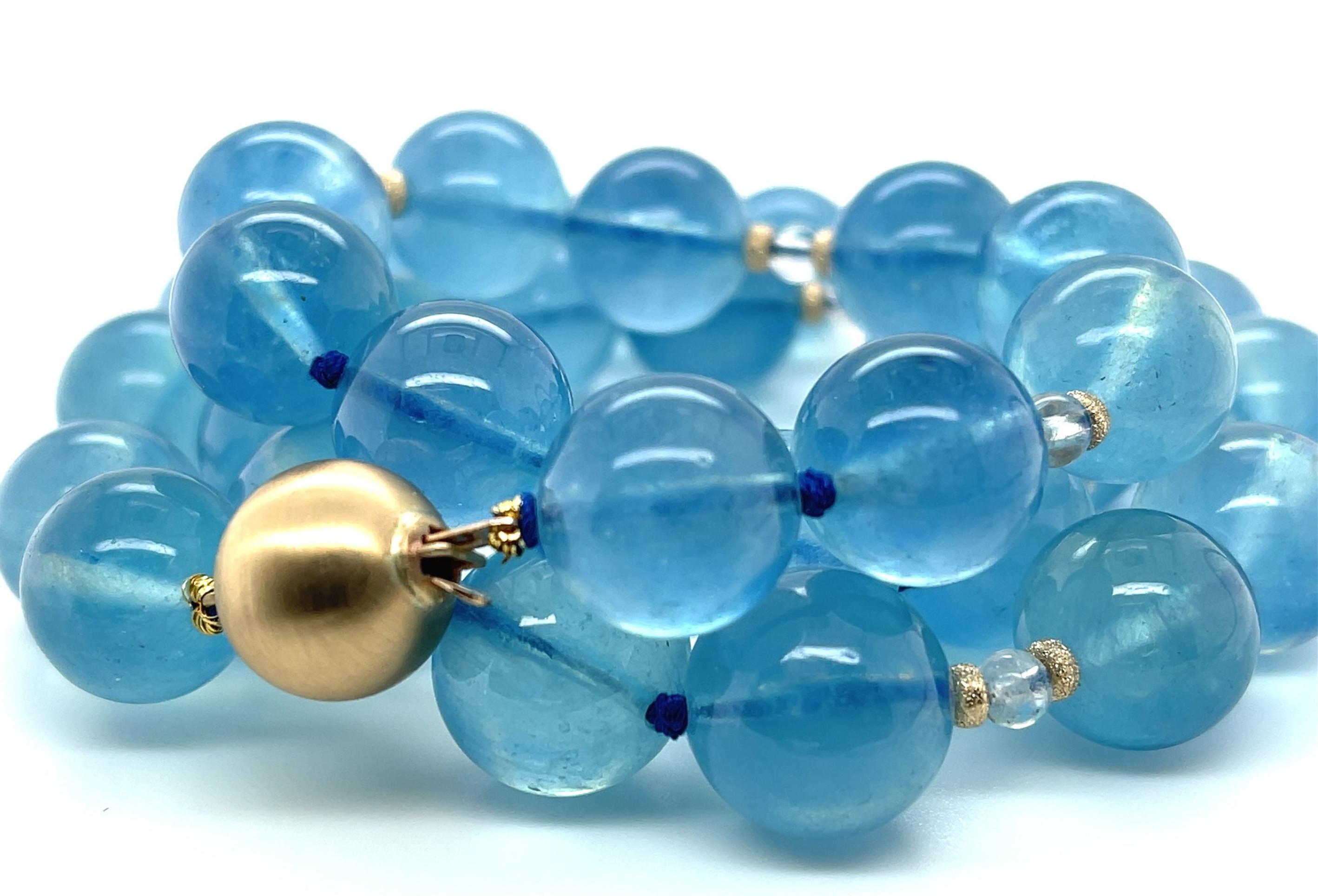 Women's or Men's 13-14mm Aquamarine and Moonstone Beaded Necklace with 14k Yellow Gold Accents  For Sale