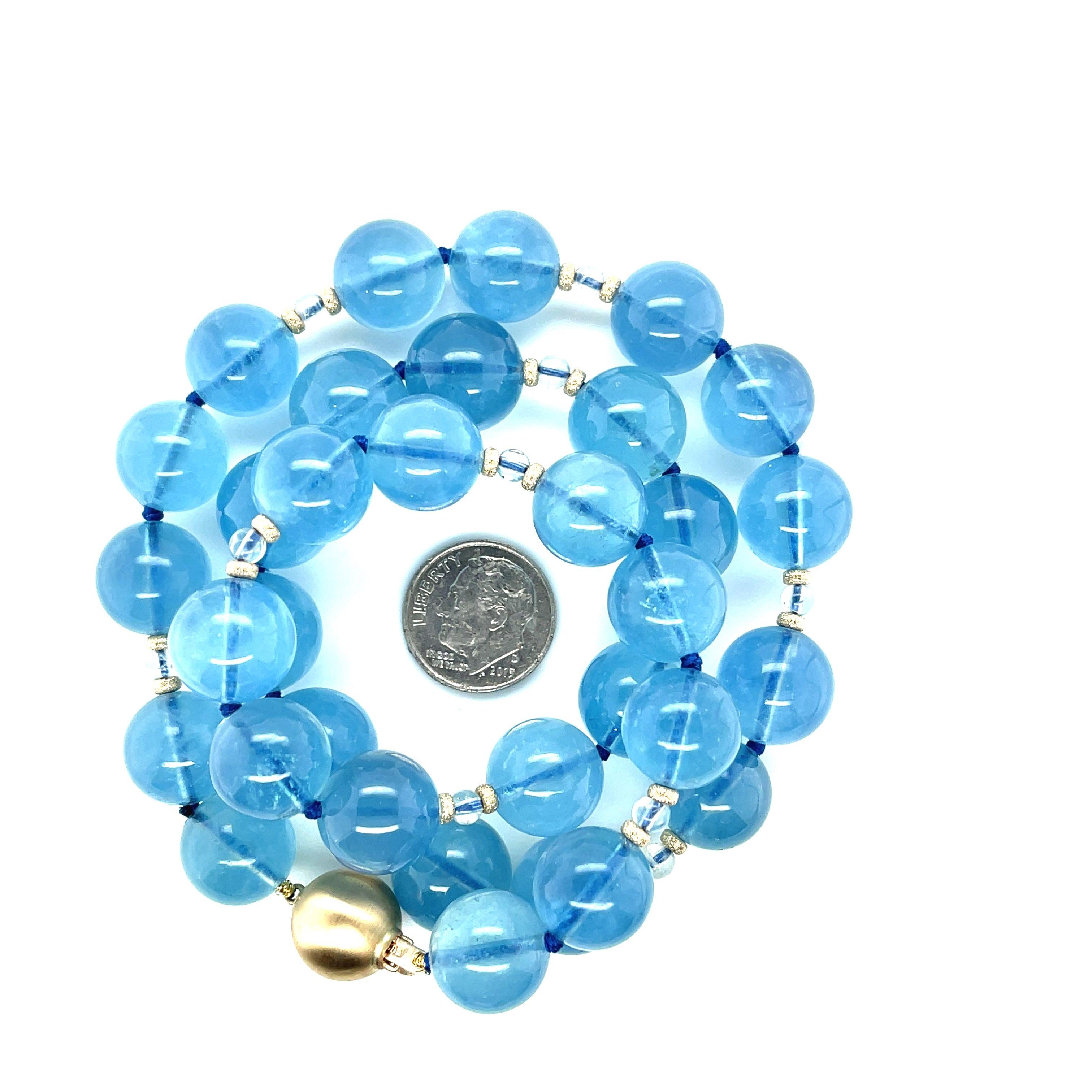13-14mm Aquamarine and Moonstone Beaded Necklace with 14k Yellow Gold Accents  For Sale 1