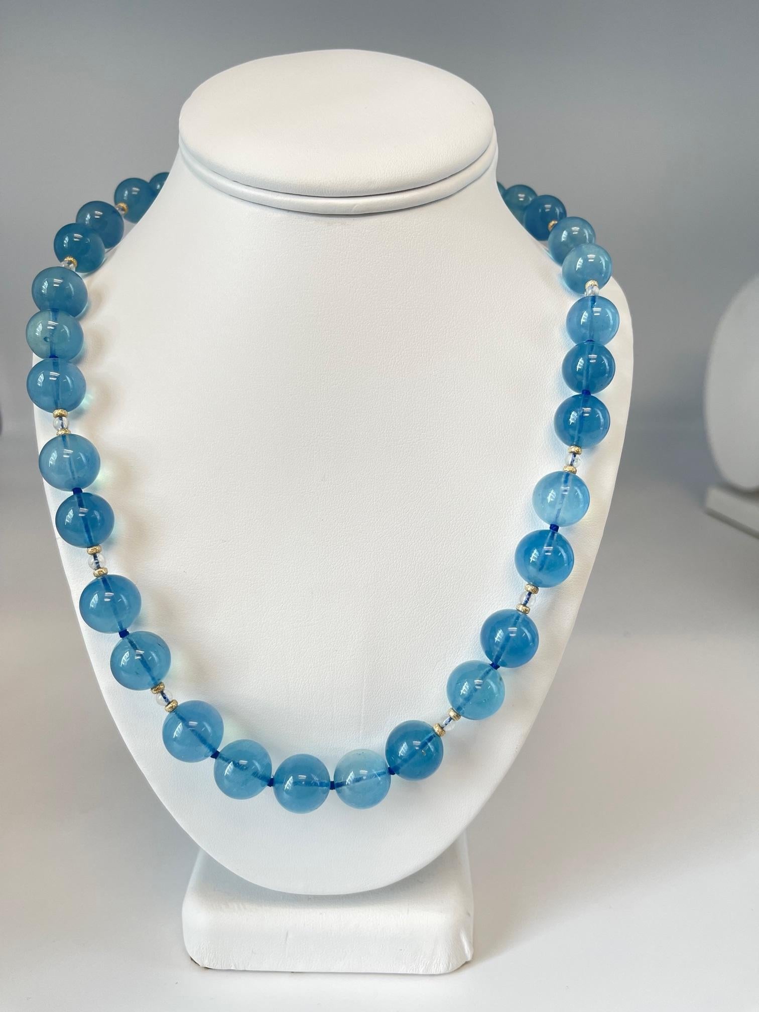 13-14mm Aquamarine and Moonstone Beaded Necklace with 14k Yellow Gold Accents  For Sale 2