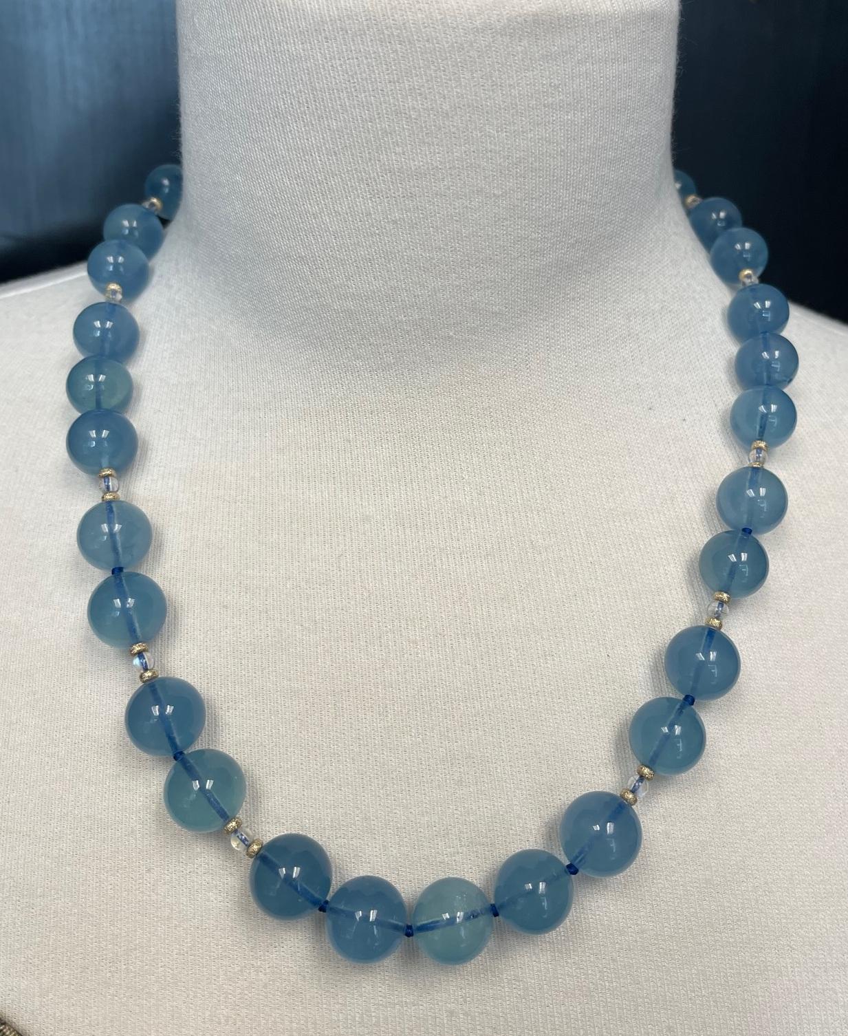thumbnail interactive-video image 1 of Natural Brazilian Aquamarine Round Bead Necklace – 18", Silver Plated, 6-14mm 1 of 6