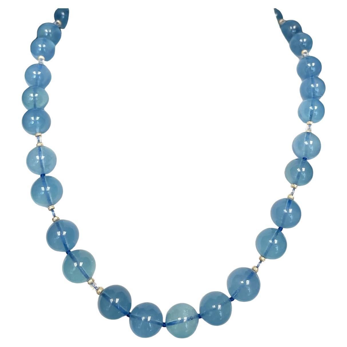 13-14mm Aquamarine and Moonstone Beaded Necklace with 14k Yellow Gold Accents  For Sale