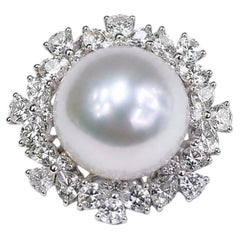 13–14mm White South Sea Pearl & Diamond Cocktail Ring, 18K White Gold