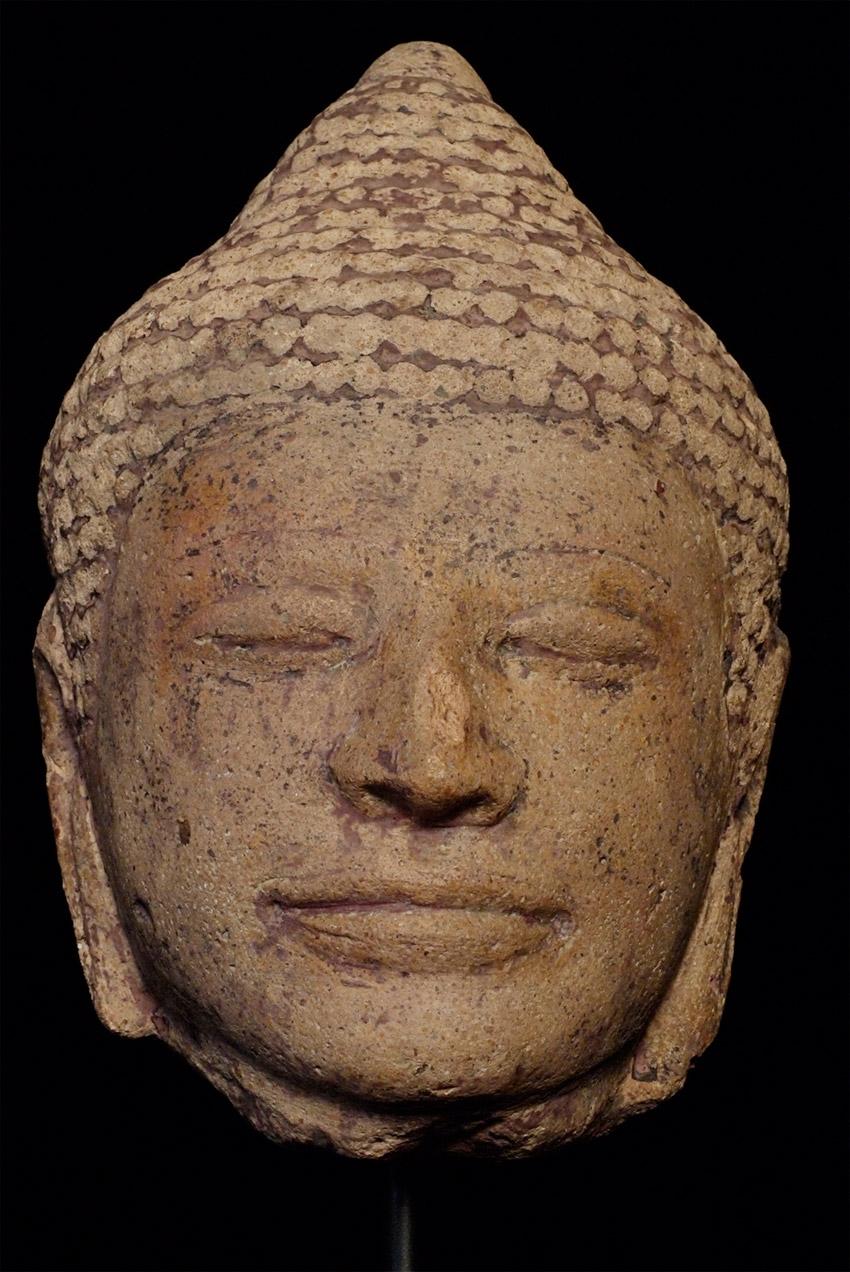 Hand-Carved 13/14thC Thai or Khmer Solid Terracotta Buddha Head, 7278 For Sale