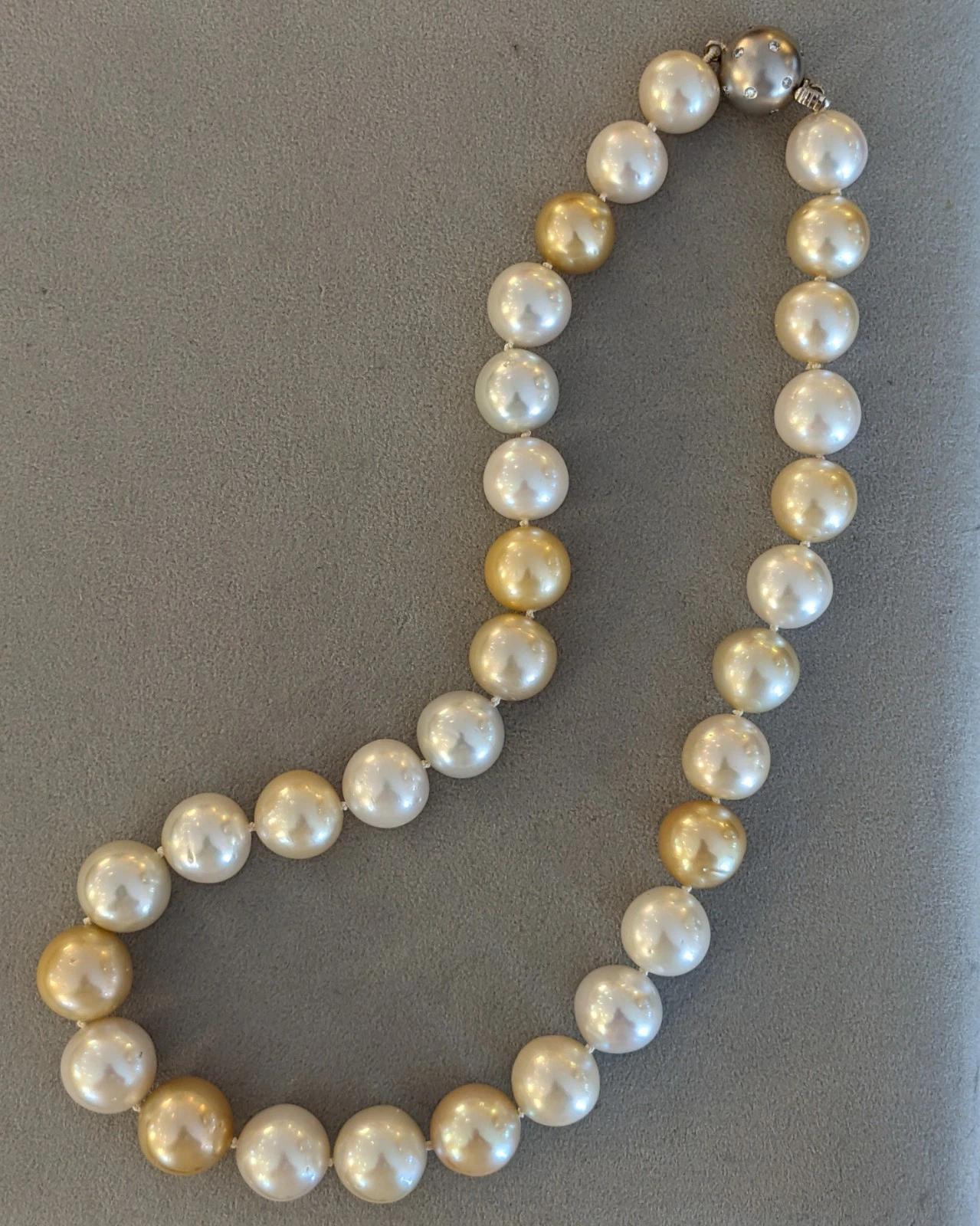 Collar de Perlas del Mar del Sur de 13-15mm con Diamante y Cierre de Oro Blanco de 18k Corte redondo en venta