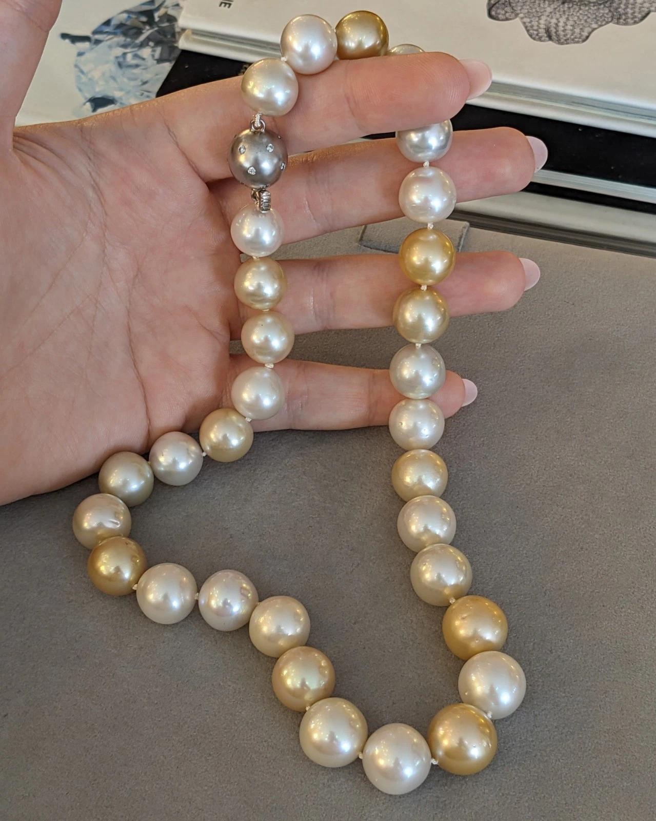 De las mujeres Collar de Perlas del Mar del Sur de 13-15mm con Diamante y Cierre de Oro Blanco de 18k en venta