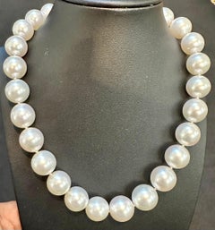 13-16 mm White South Sea Round Pearl Necklace - AAA Quality, 27 P, Diamond Ball