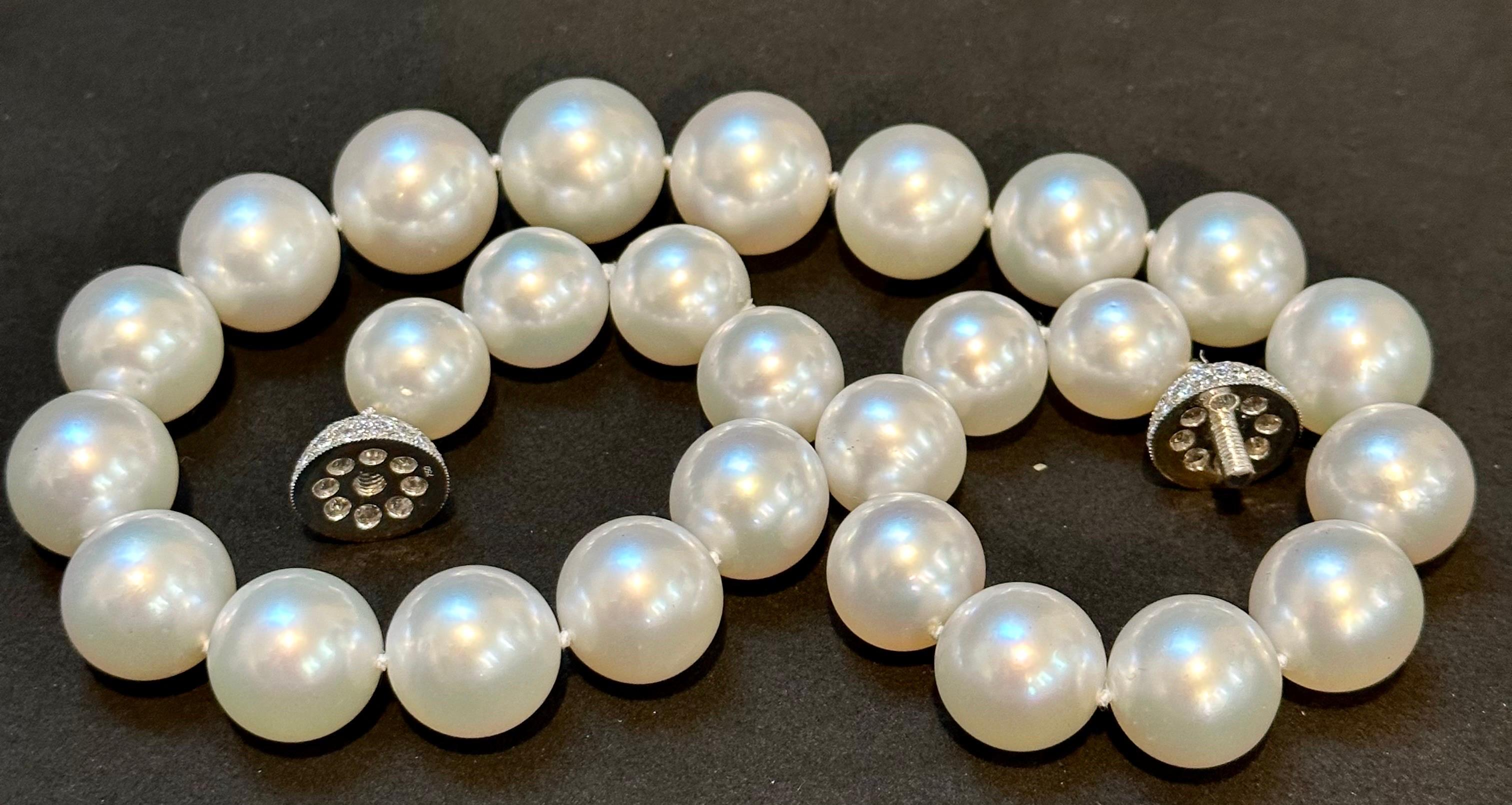 13-16 mm White South Sea Round Pearl Necklace - AAA Quality, 27 P, Diamond Ball In Excellent Condition For Sale In New York, NY