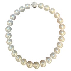 13-16 mm White South Sea Round Pearl Necklace - AAA Quality, 27 P, Diamond Ball