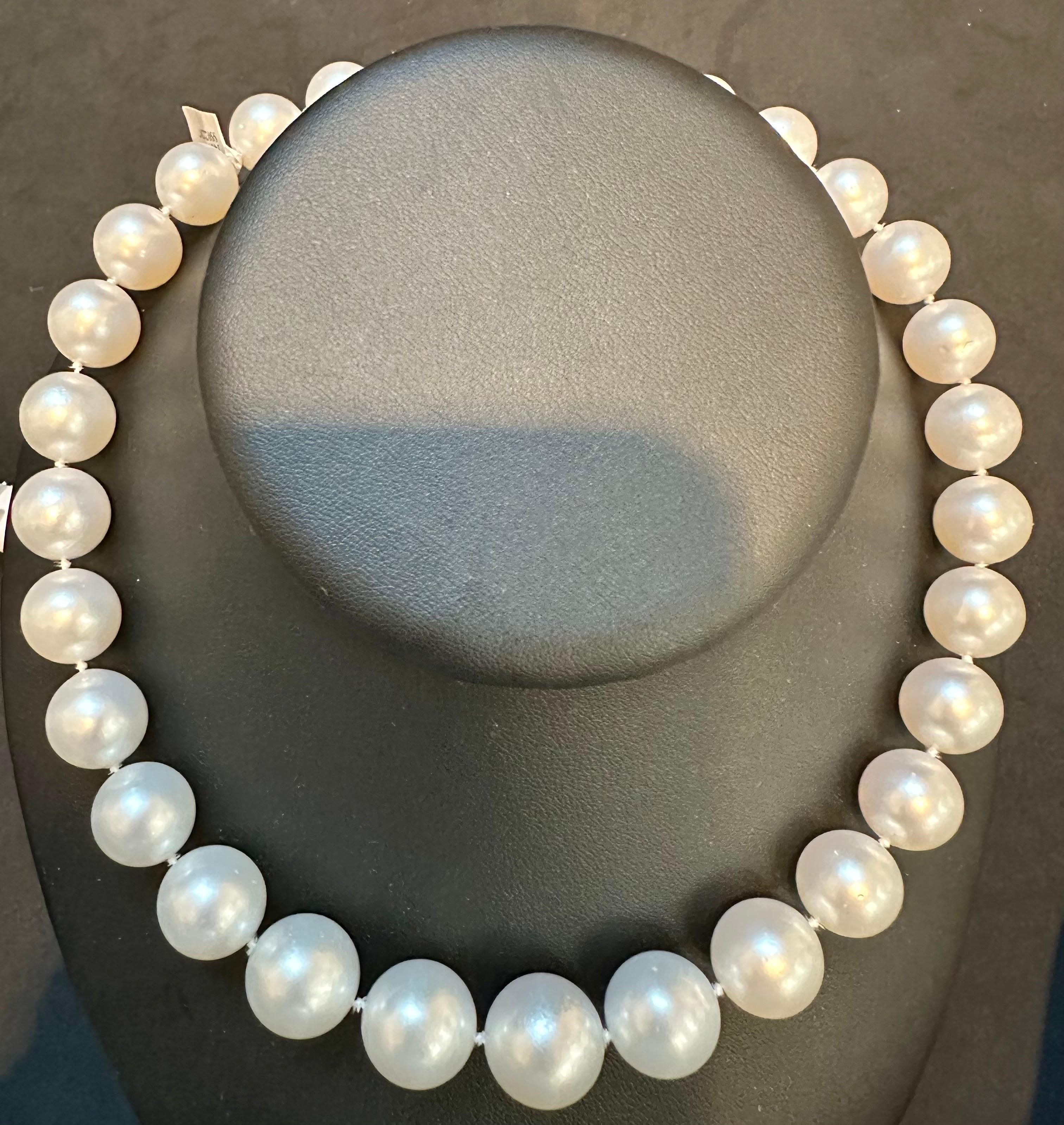 13-16.5mm White South Sea Round Pearl Necklace - AAA Quality, 29 Pieces +Diamond For Sale 3