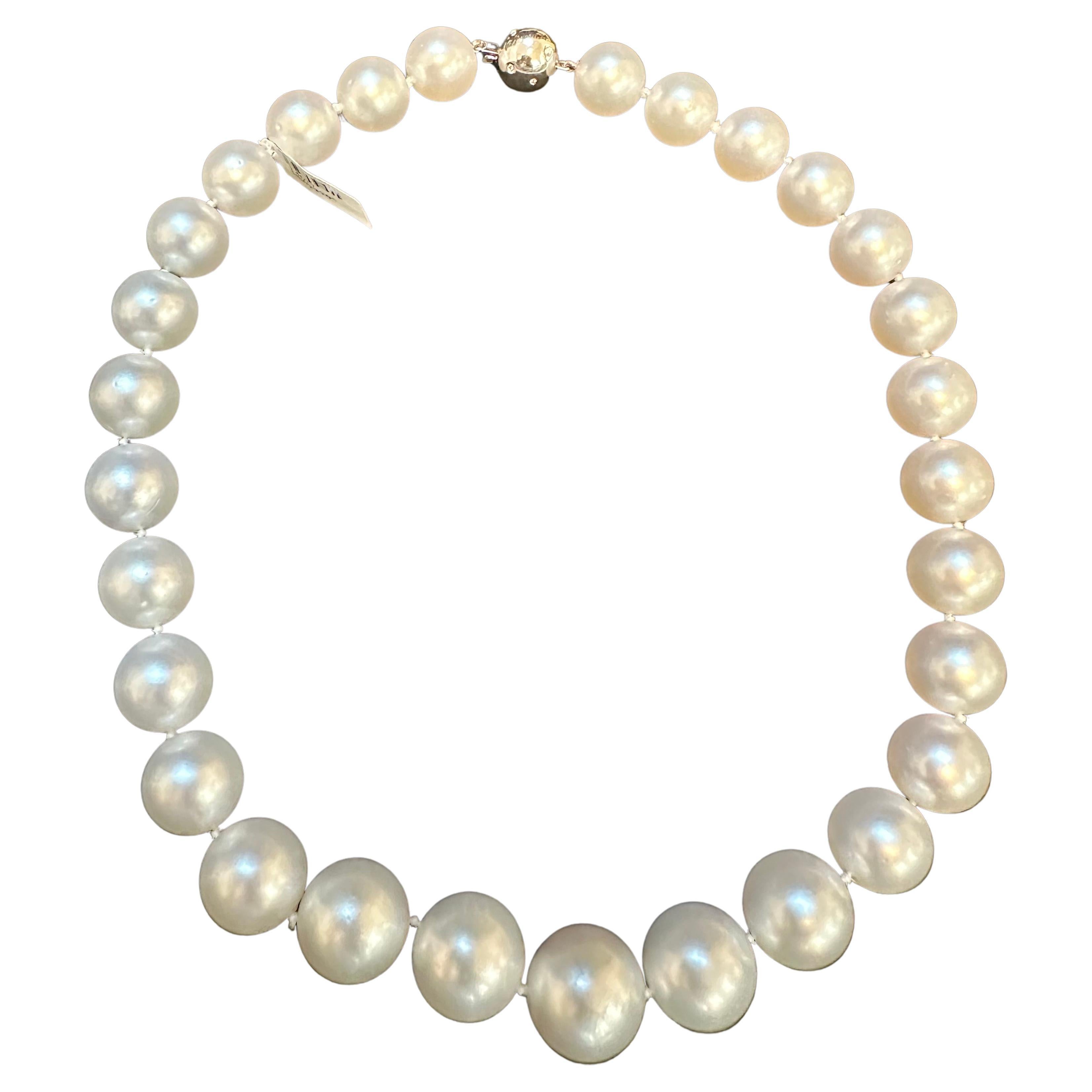 Round Cut 13-16.5mm White South Sea Round Pearl Necklace - AAA Quality, 29 Pieces +Diamond For Sale