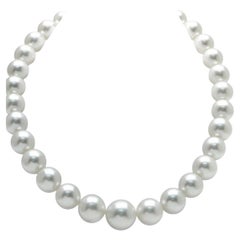 13-16.5mm White South Sea Round Pearl Necklace - AAA Quality, 29 Pieces +Diamond