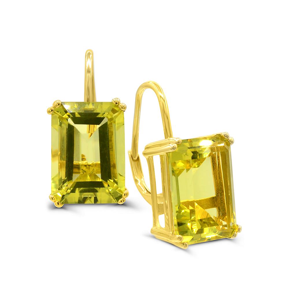 Each of these elegant earrings crafted from 14K yellow gold over sterling silver and features emerald-cut lime quartz that exude elegance and sophistication. With convenient lever back closures, these earrings are stunning and secure. Make a