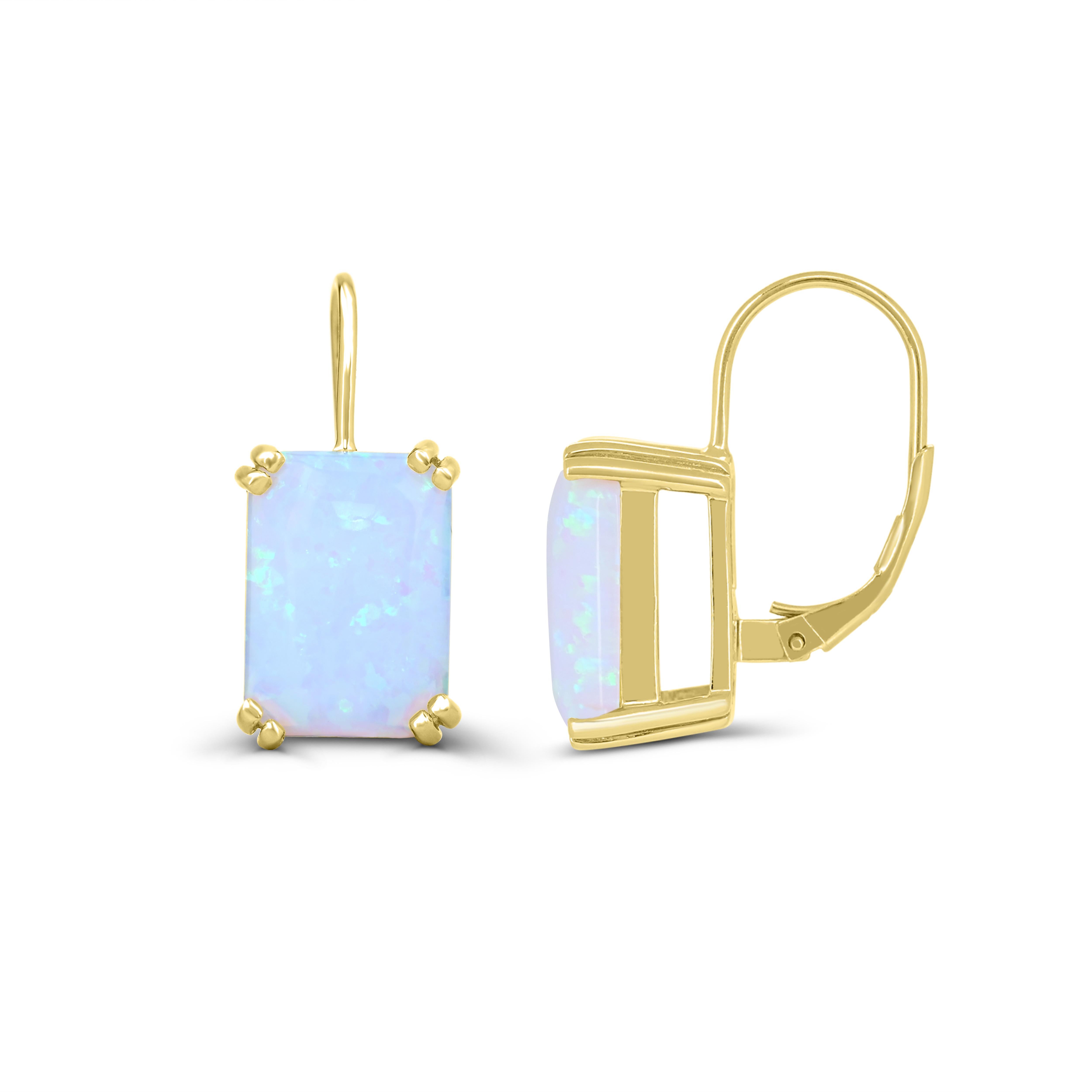 Each of these elegant earrings crafted from 14K yellow gold over sterling silver and features emerald-cut created opal that exude elegance and sophistication. With convenient lever back closures, these earrings are stunning and secure. Make a