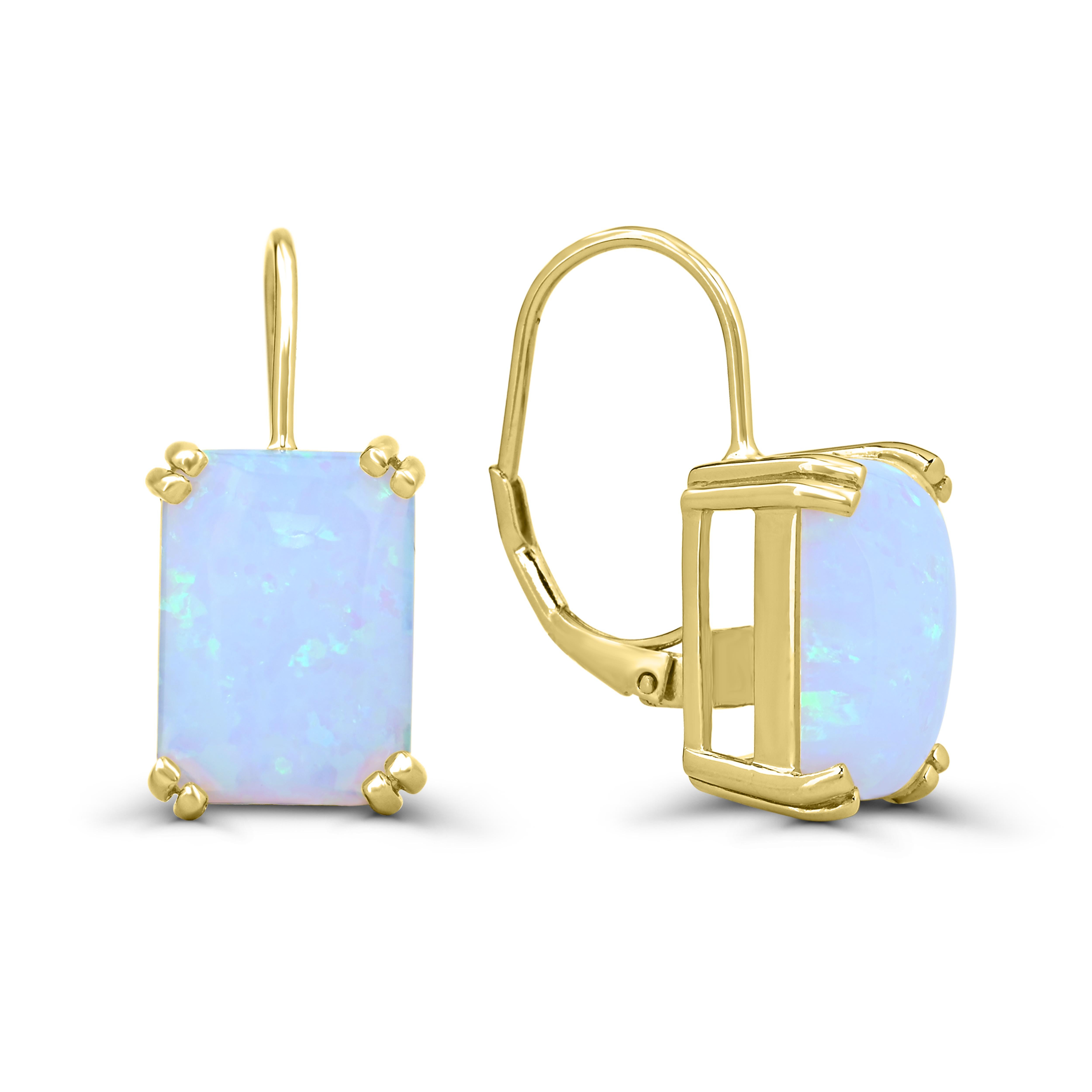 Contemporary 13-5/8 ct. Emerald-Cut Created Opal 14K Gold over Sterling Silver Earrings For Sale
