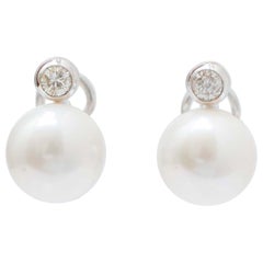 Boucles d'oreilles en or blanc 14 carats, perles de 13, 5 mm, diamants de 0,61 carat