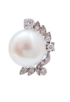 13, 5 Mm Pearls, Diamonds, 14 Karat White Gold Earrings.