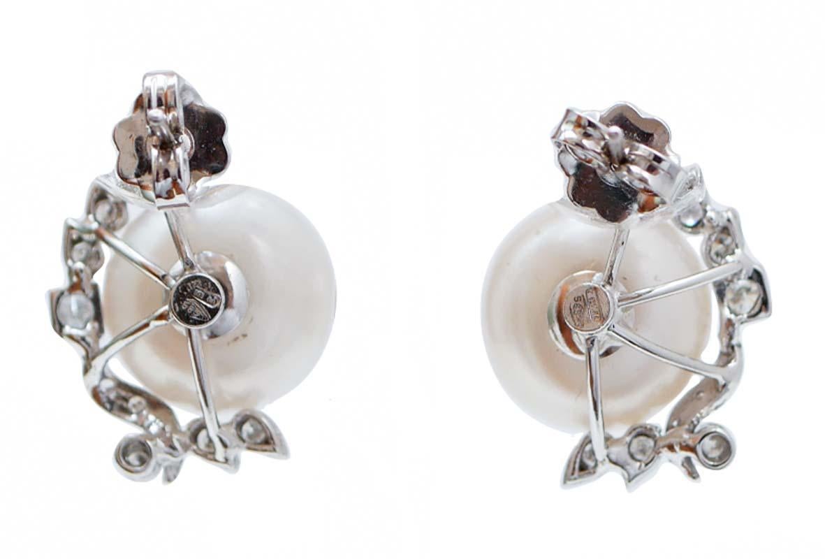 Retro 13, 5 Mm Pearls, Diamonds, 14 Karat White Gold Earrings. For Sale