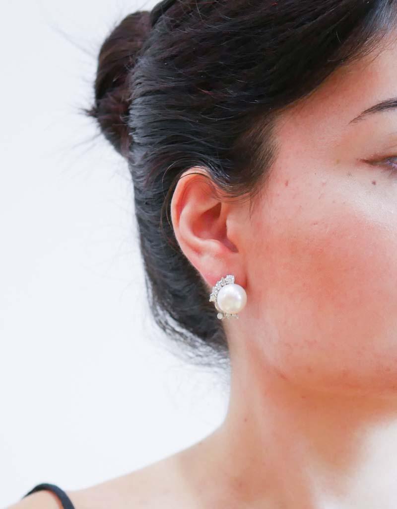 Mixed Cut 13, 5 Mm Pearls, Diamonds, 14 Karat White Gold Earrings. For Sale