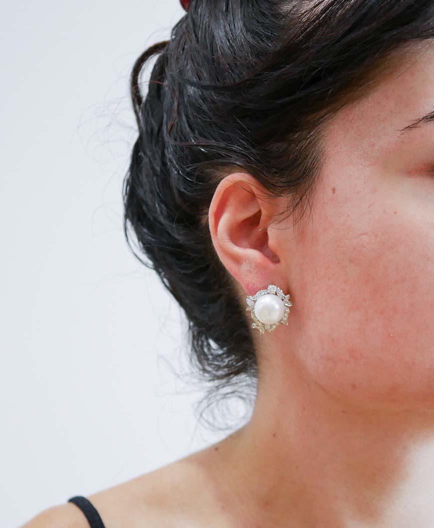 13. 5 Mm Perlen, Diamanten, 14 Karat Weißgold Ohrringe. (Gemischter Schliff) im Angebot