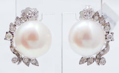 13, 5 Mm Pearls, Diamonds, 14 Karat White Gold Earrings.