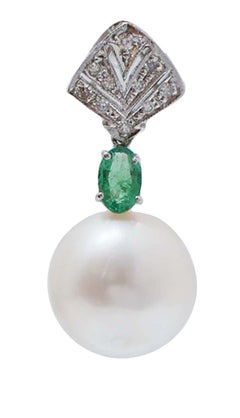 13, 5 Mm Pearls, Emeralds, Diamonds, Platinum Earrings.