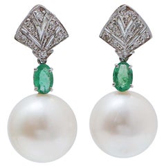 13, 5 Mm Pearls, Emeralds, Diamonds, Platinum Earrings.