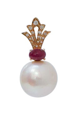13, 5 Mm Pearls, Rubies, Diamonds, 14 Karat Rose Gold Earrings.