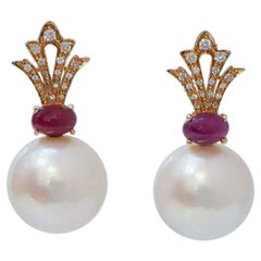 13, 5 Mm Pearls, Rubies, Diamonds, 14 Karat Rose Gold Earrings.