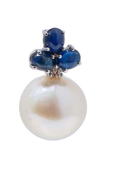 13, 5 Mm Pearls, Sapphires, Diamonds, 14 Karat White Gold Earrings.