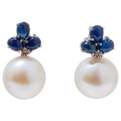 13, 5 Mm Pearls, Sapphires, Diamonds, 14 Karat White Gold Earrings.
